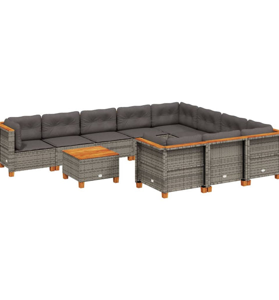 11-tlg. Garten-Sofagarnitur mit Kissen Grau Poly Rattan