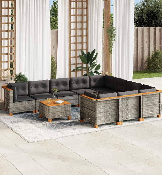 11-tlg. Garten-Sofagarnitur mit Kissen Grau Poly Rattan