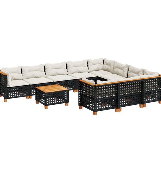 11-tlg. Garten-Sofagarnitur mit Kissen Schwarz Poly Rattan