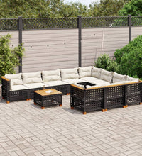 11-tlg. Garten-Sofagarnitur mit Kissen Schwarz Poly Rattan