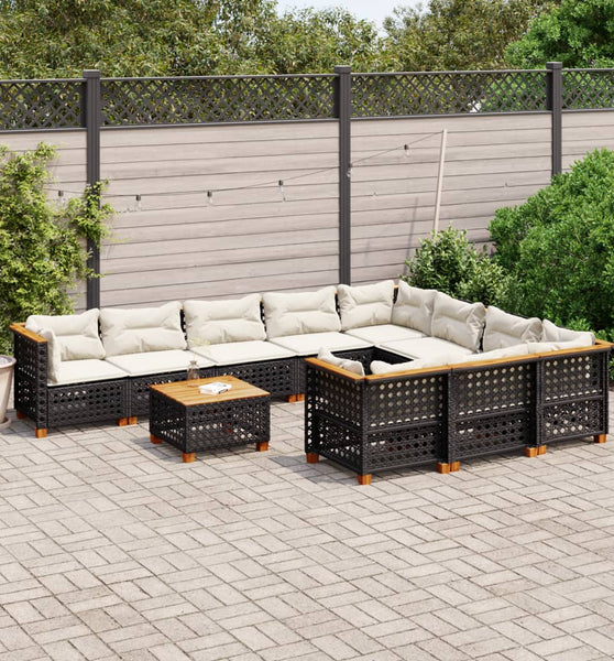 11-tlg. Garten-Sofagarnitur mit Kissen Schwarz Poly Rattan