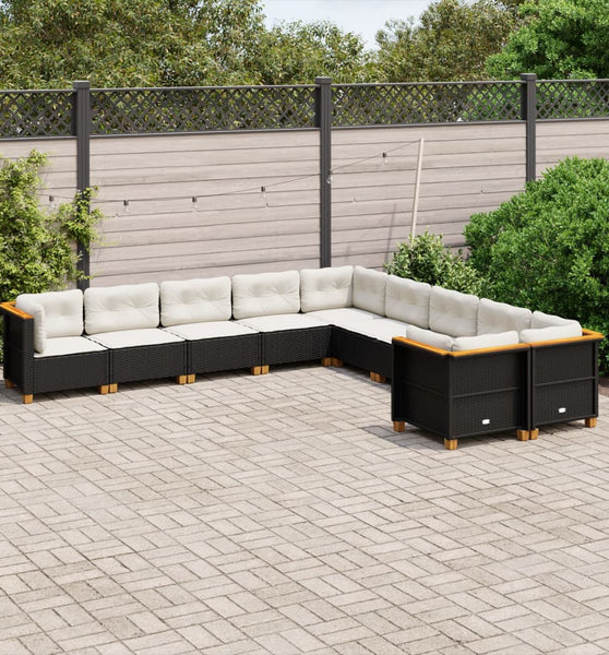 10-tlg. Garten-Sofagarnitur mit Kissen Schwarz Poly Rattan