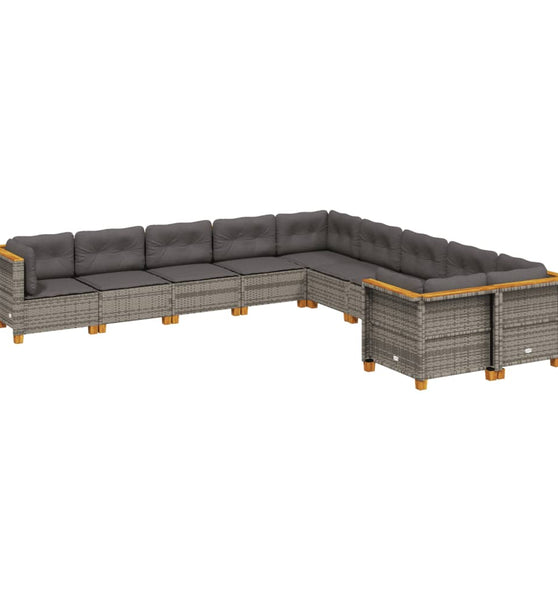 10-tlg. Garten-Sofagarnitur mit Kissen Grau Poly Rattan