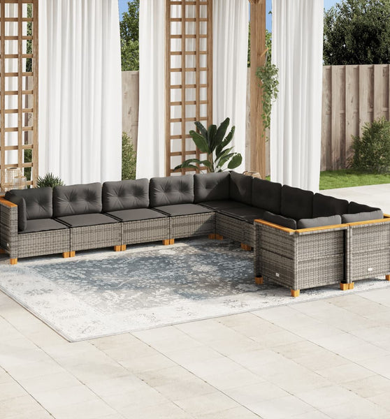 10-tlg. Garten-Sofagarnitur mit Kissen Grau Poly Rattan