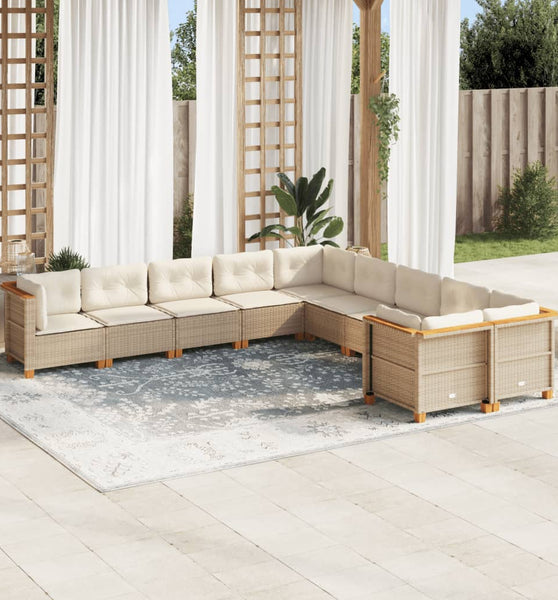 10-tlg. Garten-Sofagarnitur mit Kissen Beige Poly Rattan