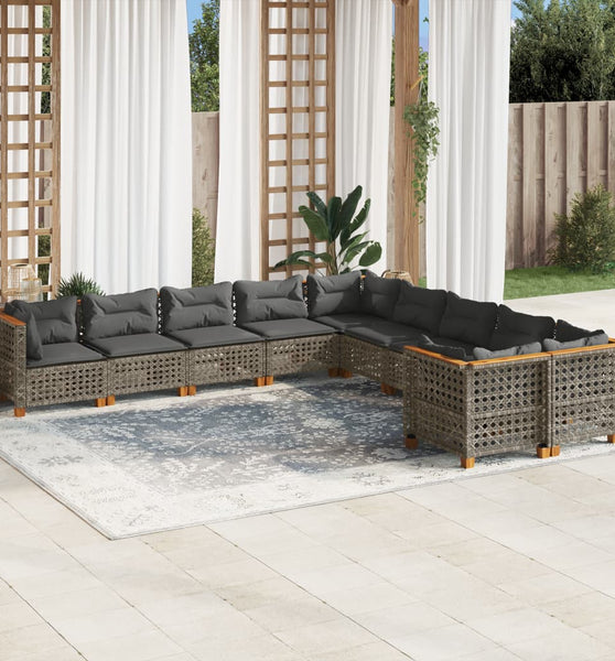 10-tlg. Garten-Sofagarnitur mit Kissen Grau Poly Rattan