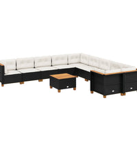 11-tlg. Garten-Sofagarnitur mit Kissen Schwarz Poly Rattan