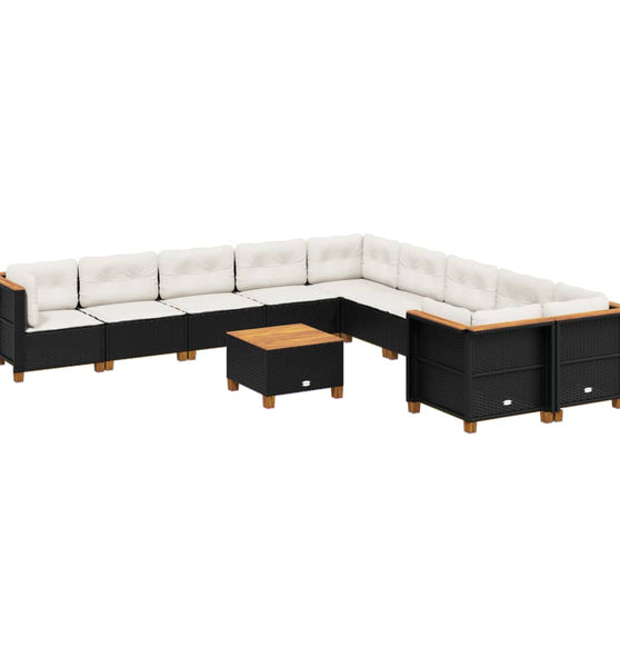 11-tlg. Garten-Sofagarnitur mit Kissen Schwarz Poly Rattan