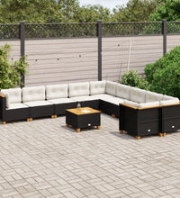 11-tlg. Garten-Sofagarnitur mit Kissen Schwarz Poly Rattan