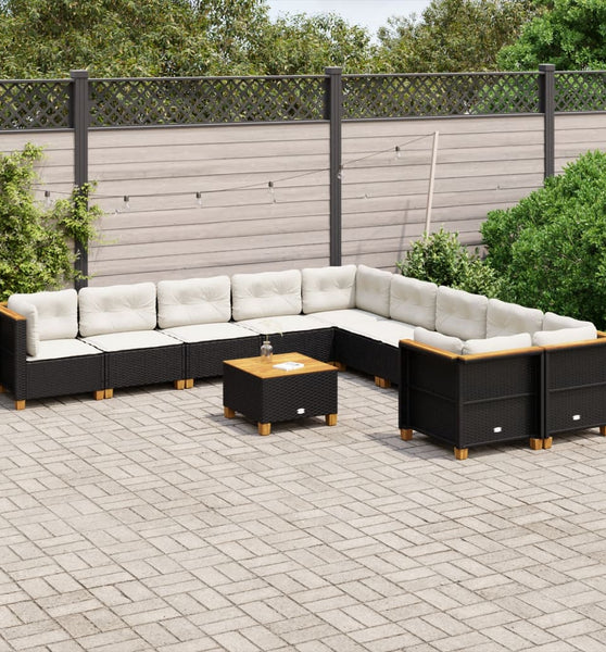 11-tlg. Garten-Sofagarnitur mit Kissen Schwarz Poly Rattan
