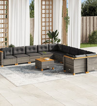 11-tlg. Garten-Sofagarnitur mit Kissen Grau Poly Rattan