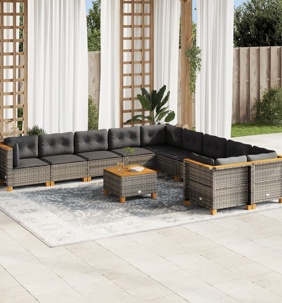 11-tlg. Garten-Sofagarnitur mit Kissen Grau Poly Rattan
