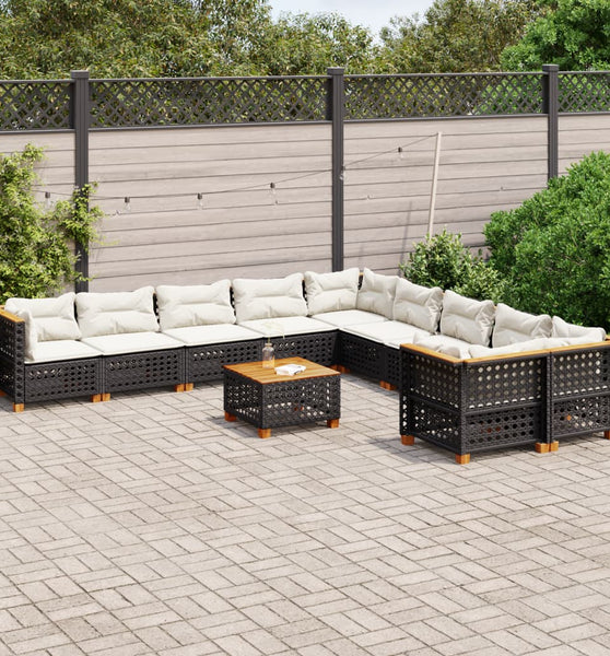 11-tlg. Garten-Sofagarnitur mit Kissen Schwarz Poly Rattan