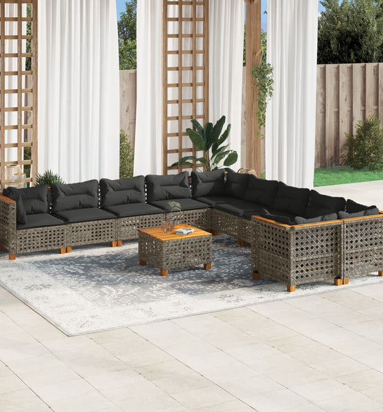 11-tlg. Garten-Sofagarnitur mit Kissen Grau Poly Rattan
