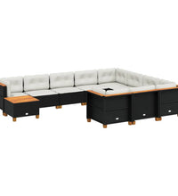 11-tlg. Garten-Sofagarnitur mit Kissen Schwarz Poly Rattan