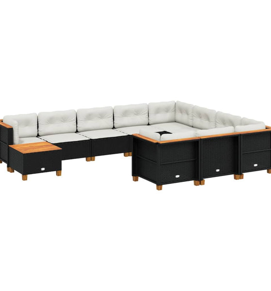 11-tlg. Garten-Sofagarnitur mit Kissen Schwarz Poly Rattan