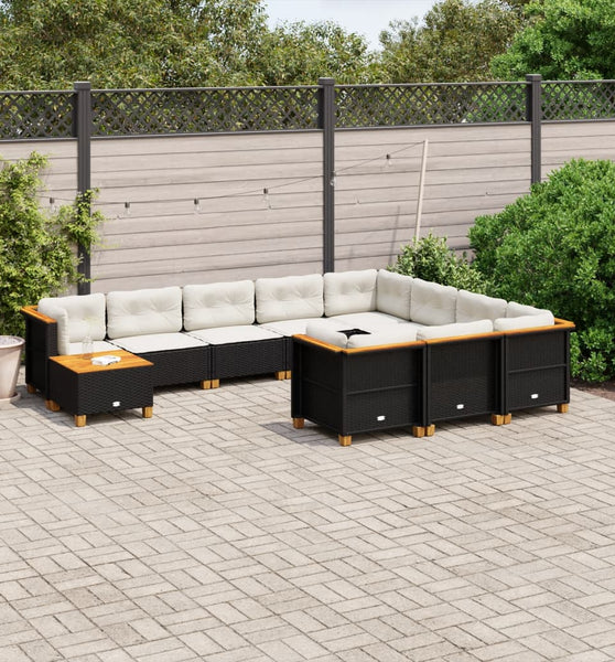 11-tlg. Garten-Sofagarnitur mit Kissen Schwarz Poly Rattan