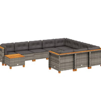 11-tlg. Garten-Sofagarnitur mit Kissen Grau Poly Rattan