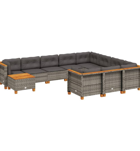 11-tlg. Garten-Sofagarnitur mit Kissen Grau Poly Rattan