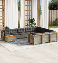 11-tlg. Garten-Sofagarnitur mit Kissen Grau Poly Rattan