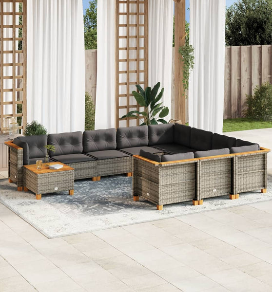 11-tlg. Garten-Sofagarnitur mit Kissen Grau Poly Rattan