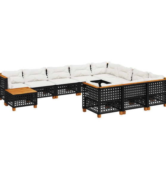 11-tlg. Garten-Sofagarnitur mit Kissen Schwarz Poly Rattan