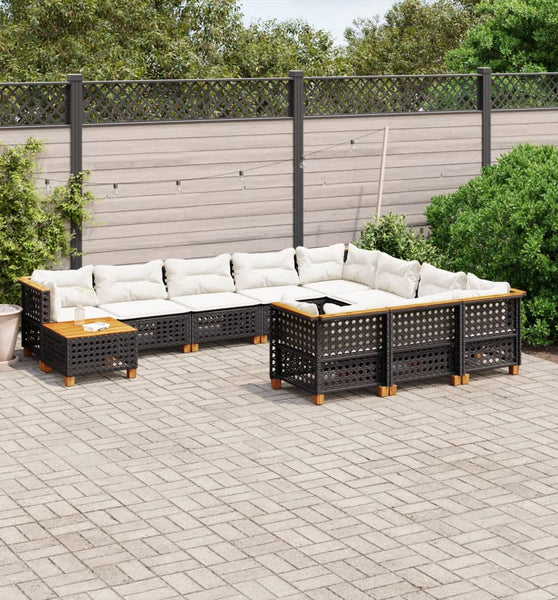 11-tlg. Garten-Sofagarnitur mit Kissen Schwarz Poly Rattan