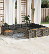 11-tlg. Garten-Sofagarnitur mit Kissen Grau Poly Rattan