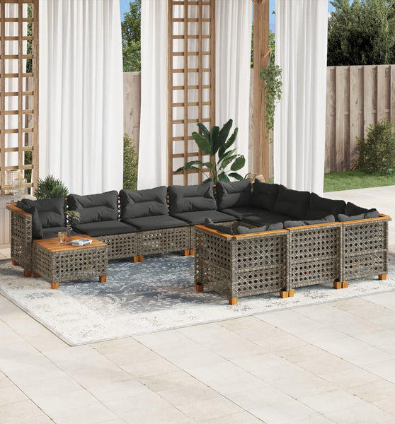 11-tlg. Garten-Sofagarnitur mit Kissen Grau Poly Rattan
