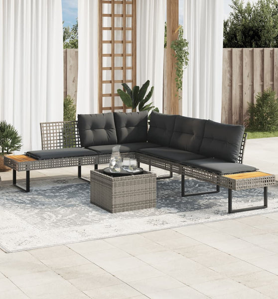 2-tlg. Garten-Sofagarnitur mit Kissen Grau Poly Rattan Glas
