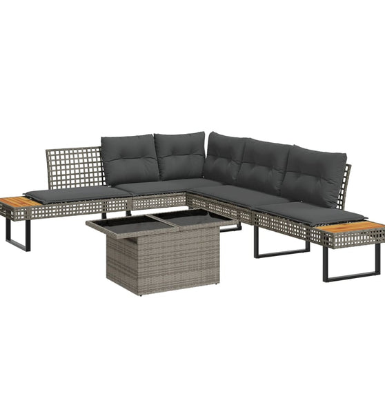 2-tlg. Garten-Sofagarnitur mit Kissen Grau Poly Rattan Glas