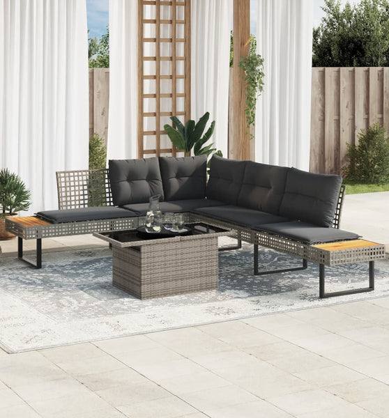 2-tlg. Garten-Sofagarnitur mit Kissen Grau Poly Rattan Glas