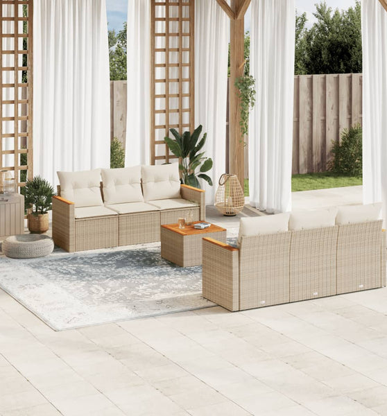 7-tlg. Garten-Sofagarnitur mit Kissen Beige Poly Rattan