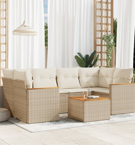 7-tlg. Garten-Sofagarnitur mit Kissen Beige Poly Rattan