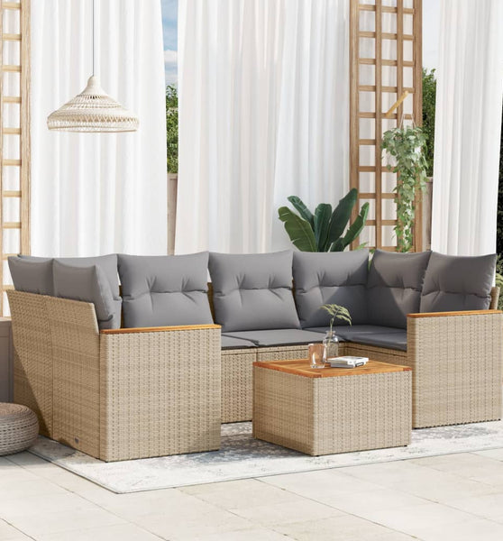 7-tlg. Garten-Sofagarnitur mit Kissen Beige Poly Rattan