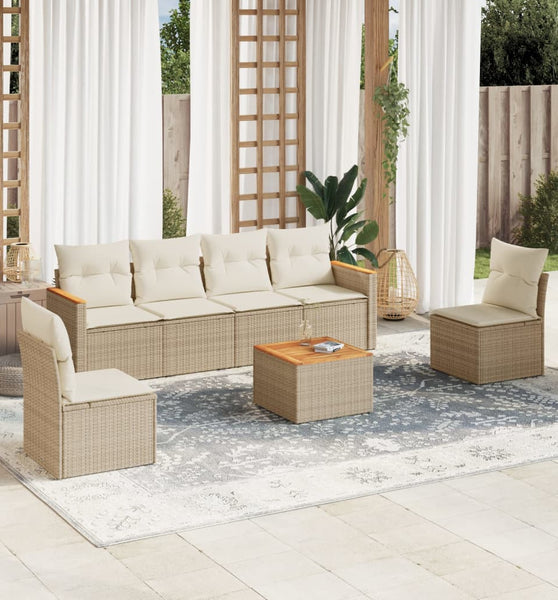 7-tlg. Garten-Sofagarnitur mit Kissen Beige Poly Rattan