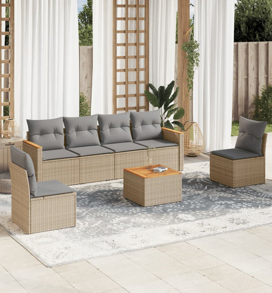 7-tlg. Garten-Sofagarnitur mit Kissen Beige Poly Rattan