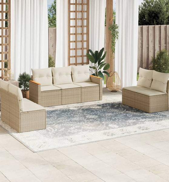 7-tlg. Garten-Sofagarnitur mit Kissen Beige Poly Rattan