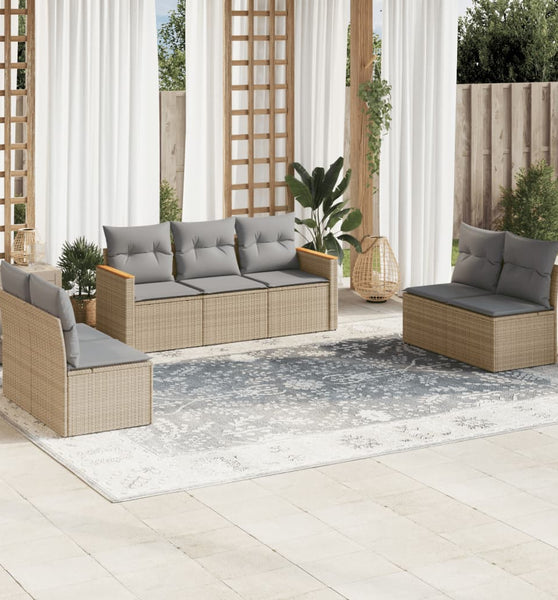 7-tlg. Garten-Sofagarnitur mit Kissen Beige Poly Rattan