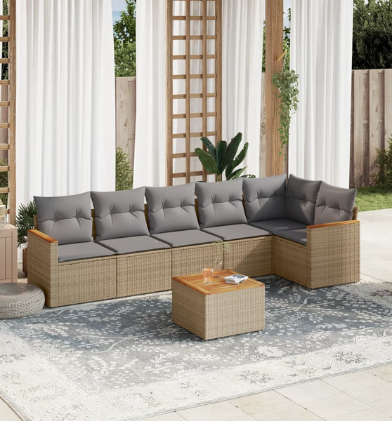7-tlg. Garten-Sofagarnitur mit Kissen Beige Poly Rattan