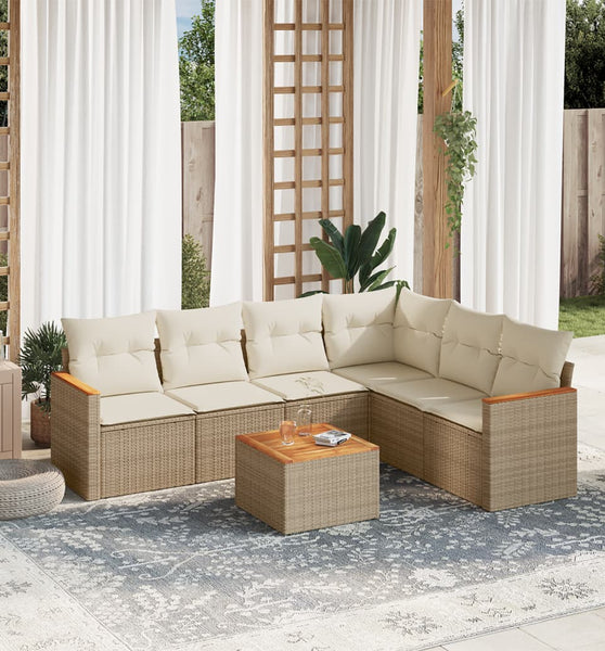 7-tlg. Garten-Sofagarnitur mit Kissen Beige Poly Rattan