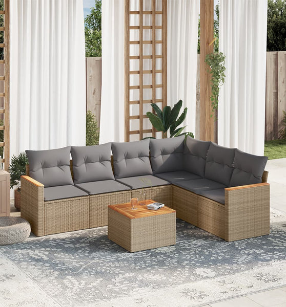 7-tlg. Garten-Sofagarnitur mit Kissen Beige Poly Rattan