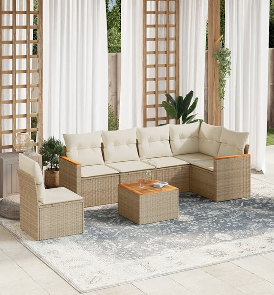 7-tlg. Garten-Sofagarnitur mit Kissen Beige Poly Rattan
