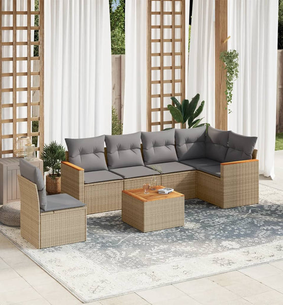 7-tlg. Garten-Sofagarnitur mit Kissen Beige Poly Rattan