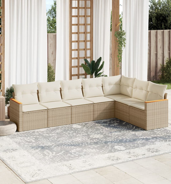 7-tlg. Garten-Sofagarnitur mit Kissen Beige Poly Rattan