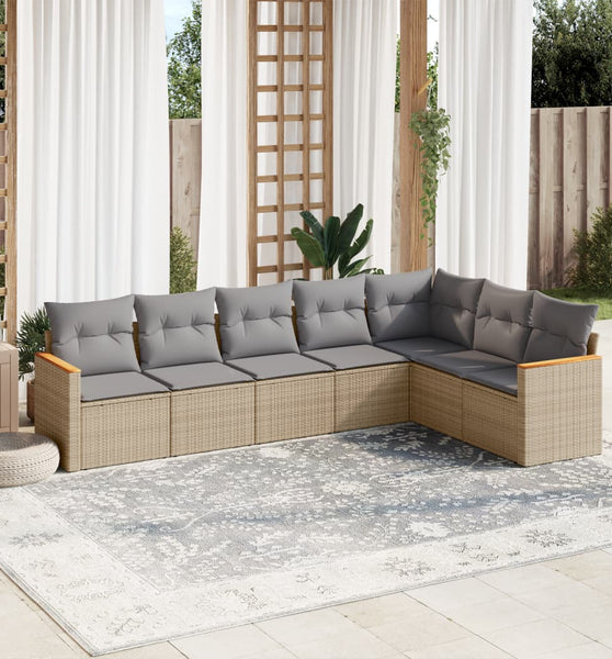 7-tlg. Garten-Sofagarnitur mit Kissen Beige Poly Rattan