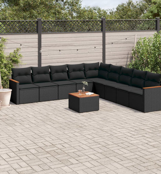 10-tlg. Garten-Sofagarnitur mit Kissen Schwarz Poly Rattan