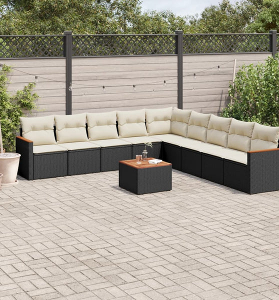 10-tlg. Garten-Sofagarnitur mit Kissen Schwarz Poly Rattan