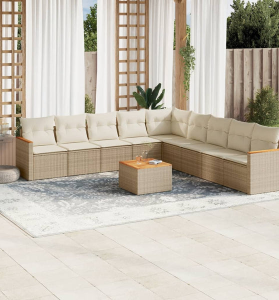 10-tlg. Garten-Sofagarnitur mit Kissen Beige Poly Rattan
