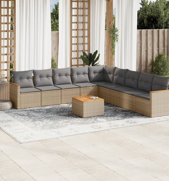 10-tlg. Garten-Sofagarnitur mit Kissen Beige Poly Rattan